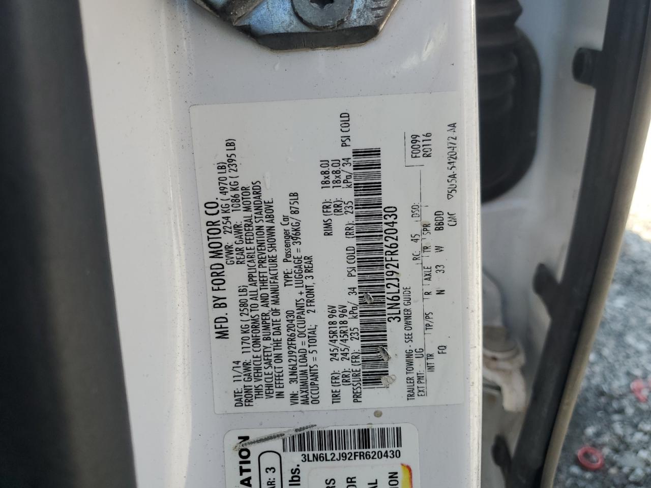 2015 Lincoln Mkz VIN: 3LN6L2J92FR620430 Lot: 84632705