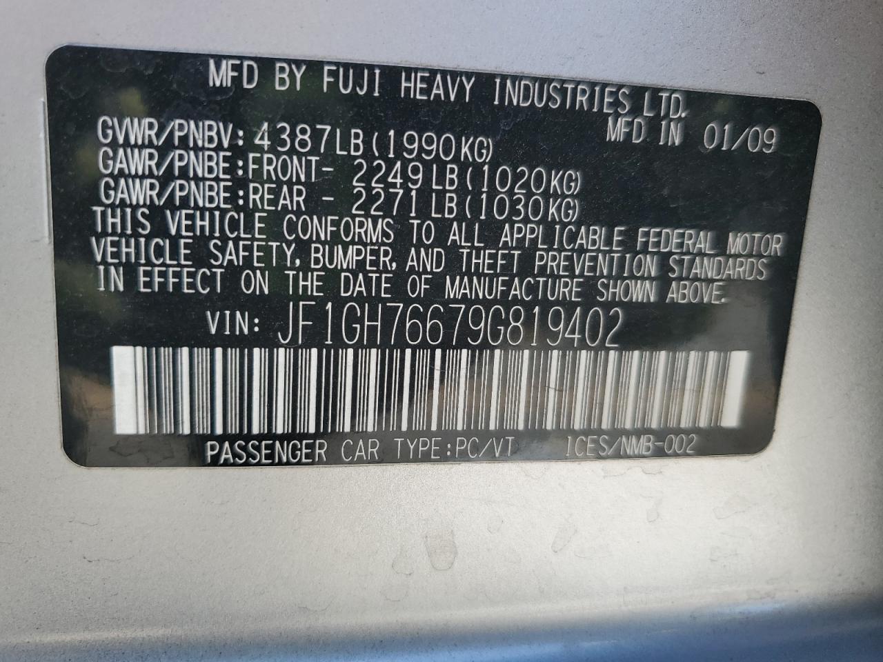 2009 Subaru Impreza Wrx VIN: JF1GH76679G819402 Lot: 85559495