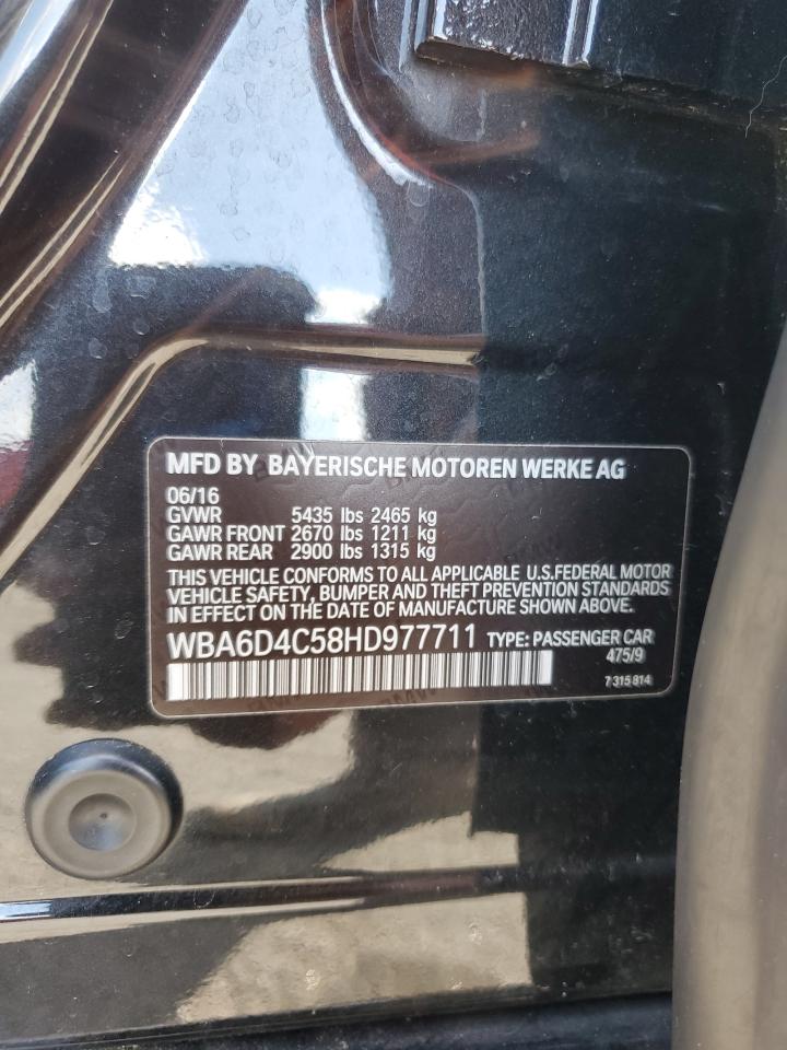 2017 BMW 650 I Gran Coupe VIN: WBA6D4C58HD977711 Lot: 85355785