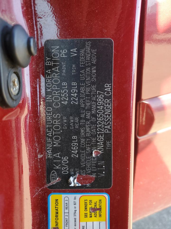 2006 Kia Optima Lx VIN: KNAGE123265049867 Lot: 89514325