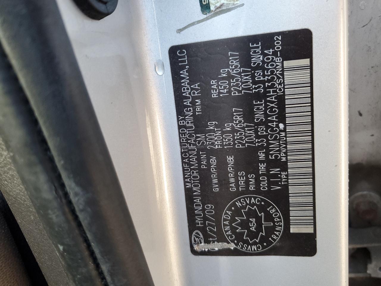 2010 Hyundai Santa Fe Gls VIN: 5NMSG4AGXAH335694 Lot: 84773645