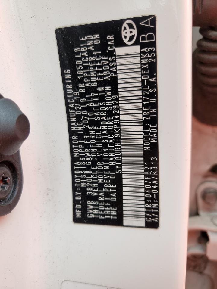 2019 Toyota Corolla L VIN: 5YFBURHE9KP942929 Lot: 85119905