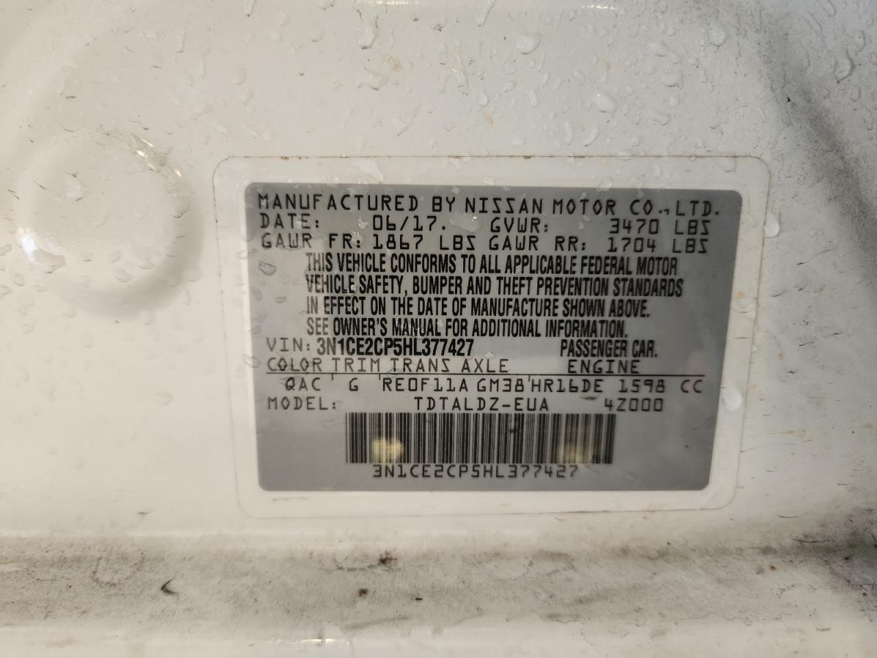 2017 Nissan Versa Note S VIN: 3N1CE2CP5HL377427 Lot: 84397025