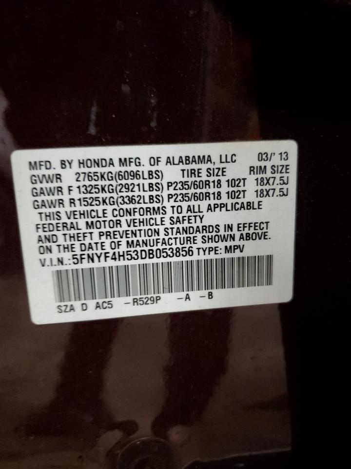 2013 Honda Pilot Exl VIN: 5FNYF4H53DB053856 Lot: 86244925