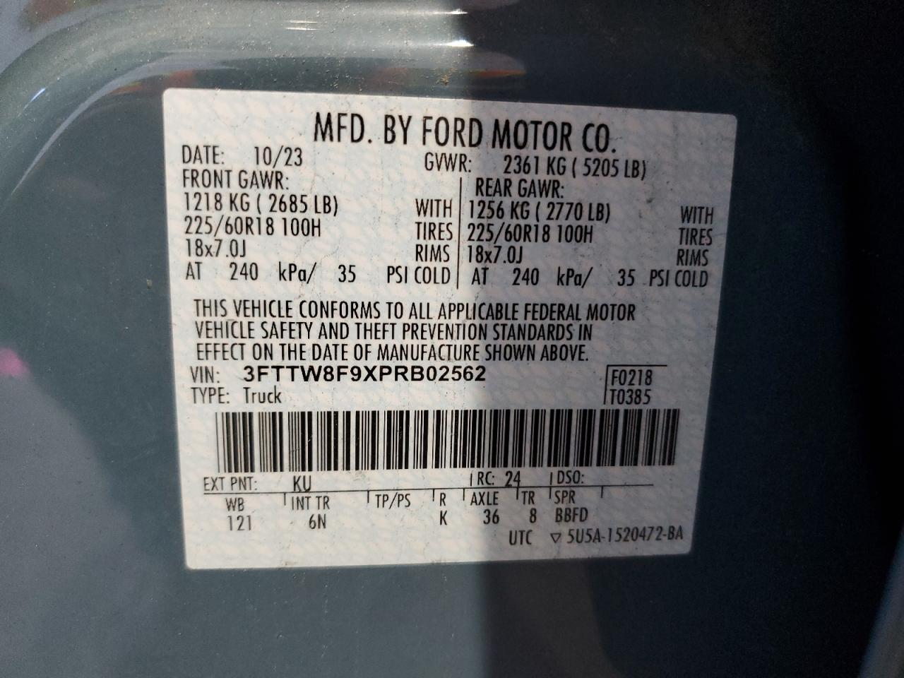 2023 Ford Maverick Xl VIN: 3FTTW8F9XPRB02562 Lot: 86463005