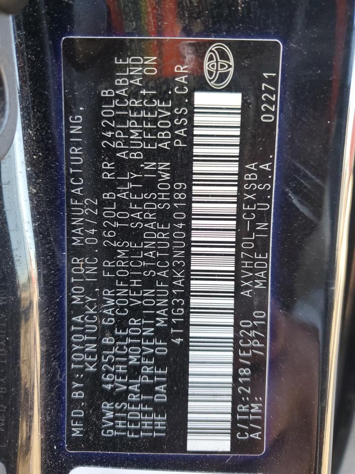 2022 Toyota Camry Night Shade VIN: 4T1G31AK3NU040189 Lot: 85872725