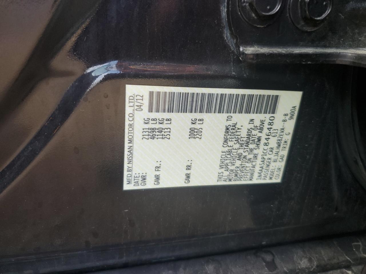 2012 Nissan Maxima S VIN: 1N4AA5AP1CC846480 Lot: 85901785