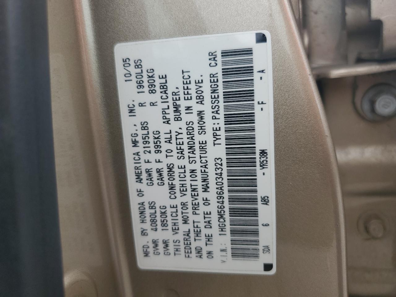 2006 Honda Accord Lx VIN: 1HGCM56496A034323 Lot: 85668665