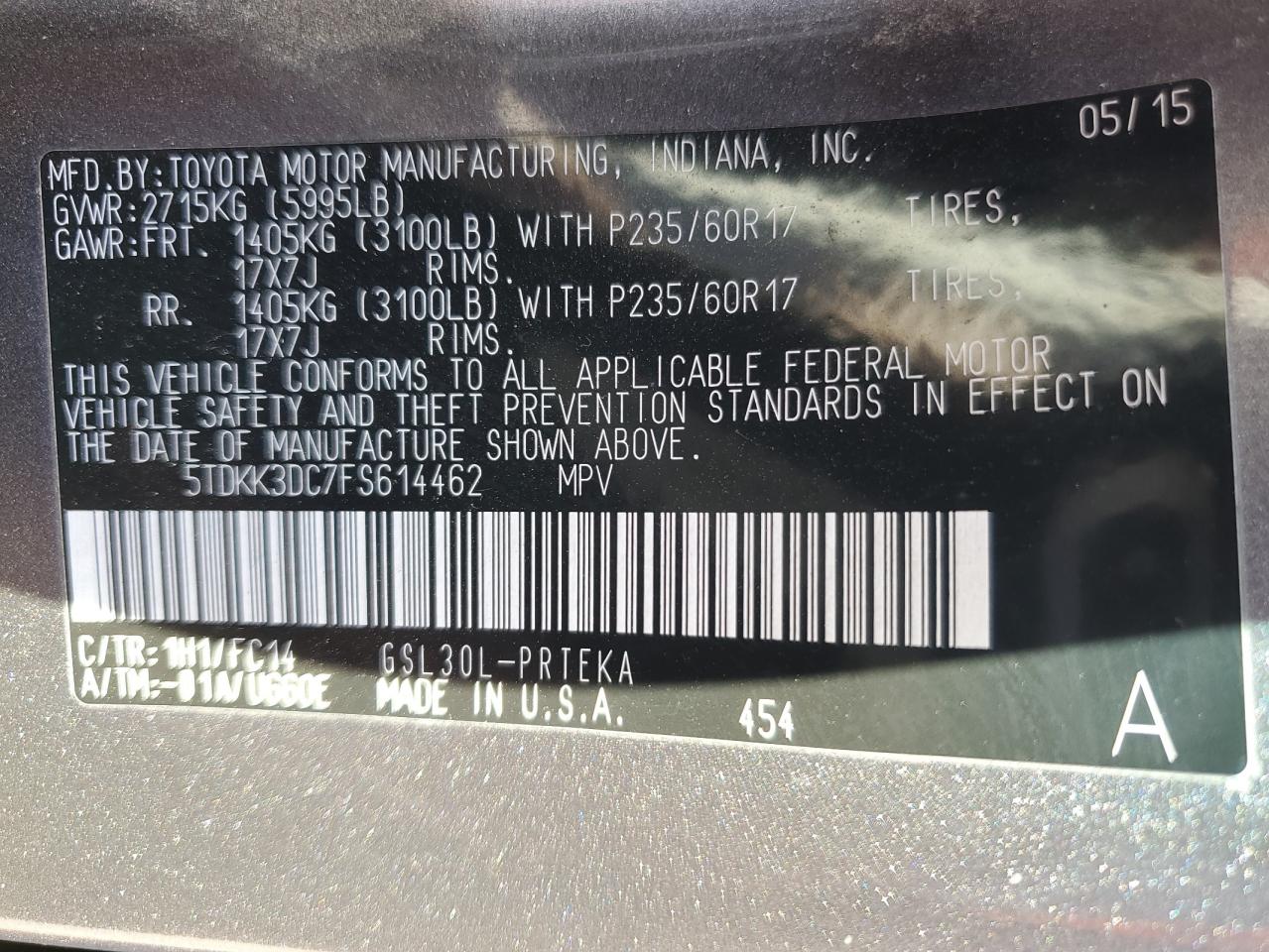 2015 Toyota Sienna Le VIN: 5TDKK3DC7FS614462 Lot: 87053655