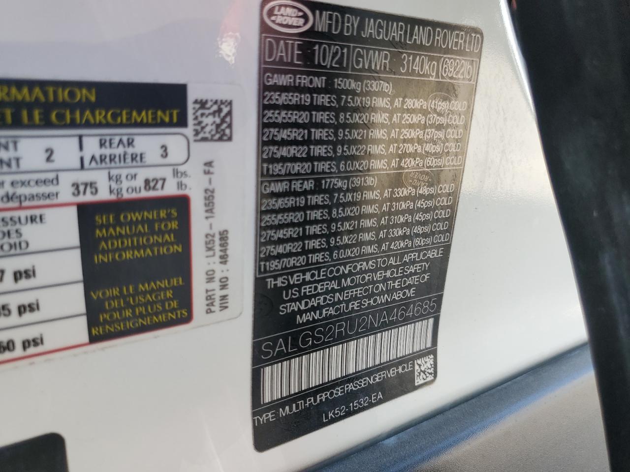 2022 Land Rover Range Rover Hse Westminster Edition VIN: SALGS2RU2NA464685 Lot: 86787025