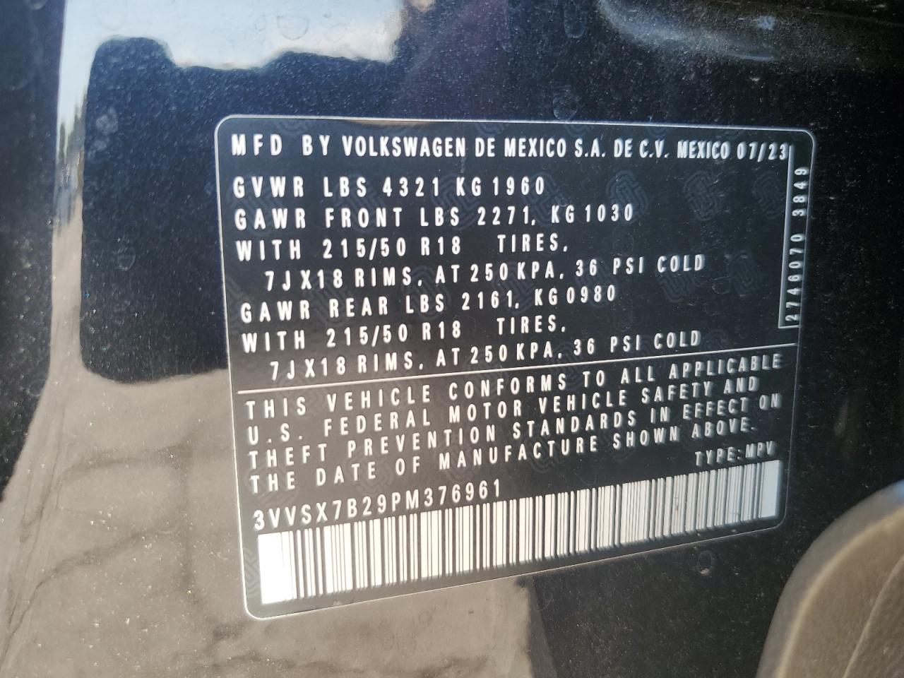 2023 Volkswagen Taos Se VIN: 3VVSX7B29PM376961 Lot: 84956835