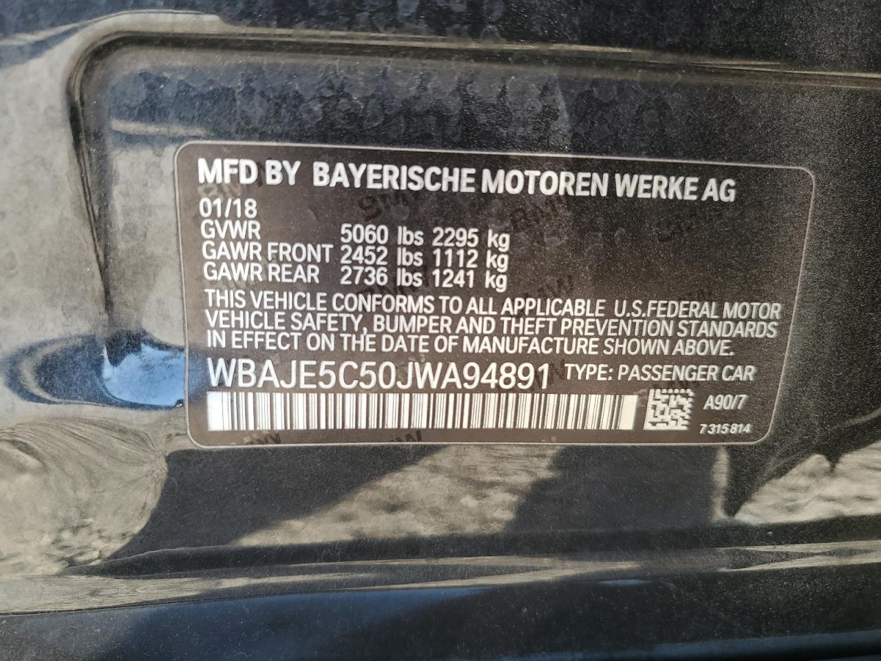 2018 BMW 540 I VIN: WBAJE5C50JWA94891 Lot: 82776035