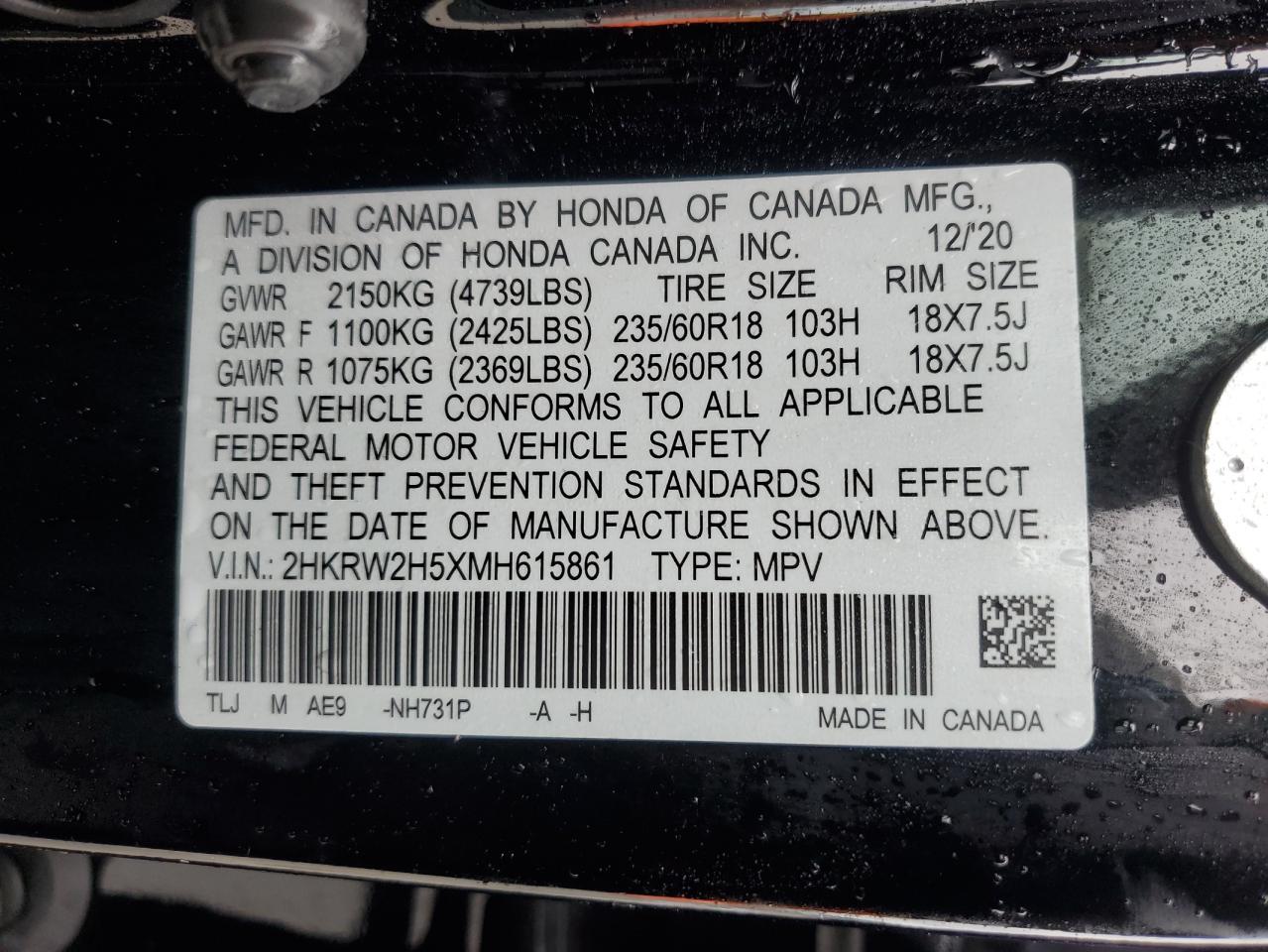 2021 Honda Cr-V Ex VIN: 2HKRW2H5XMH615861 Lot: 85323695