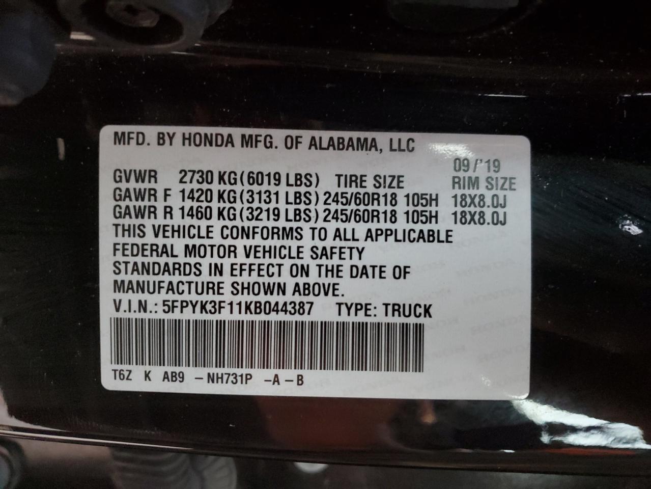 2019 Honda Ridgeline Sport VIN: 5FPYK3F11KB044387 Lot: 87451275