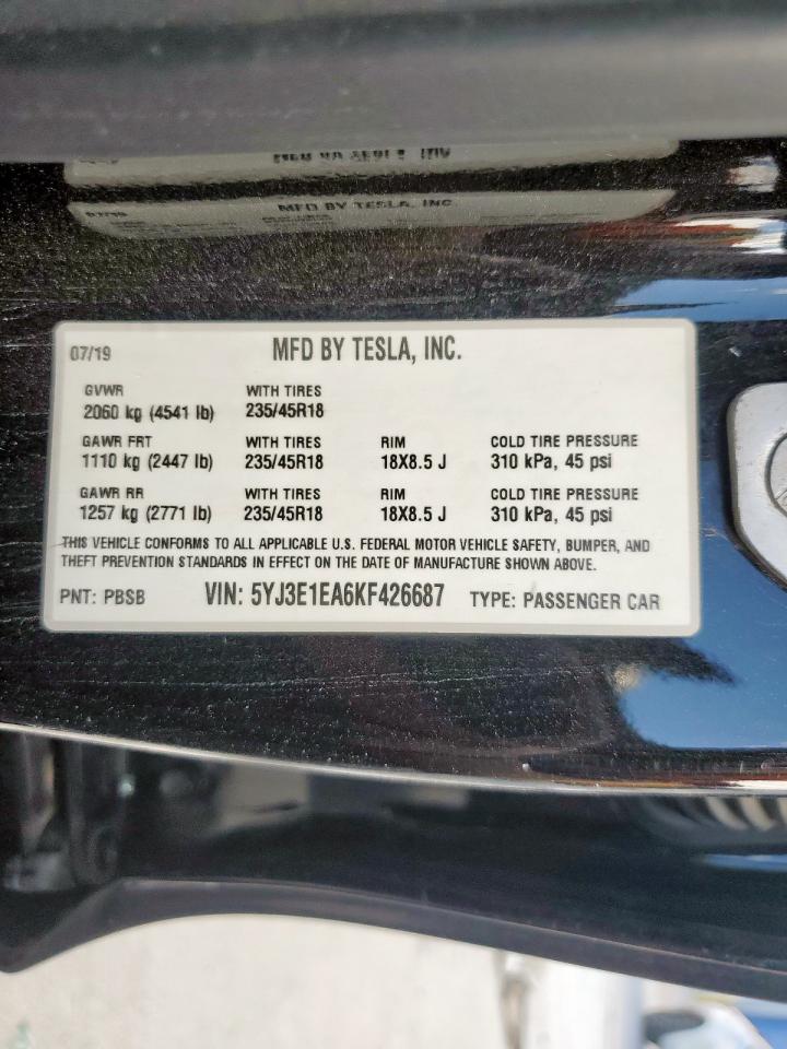 2019 Tesla Model 3 VIN: 5YJ3E1EA6KF426687 Lot: 87441135