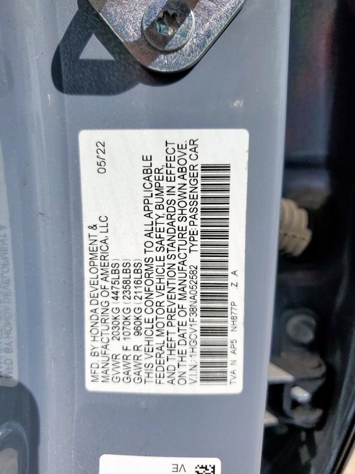 2022 Honda Accord Sport VIN: 1HGCV1F38NA052582 Lot: 82362905
