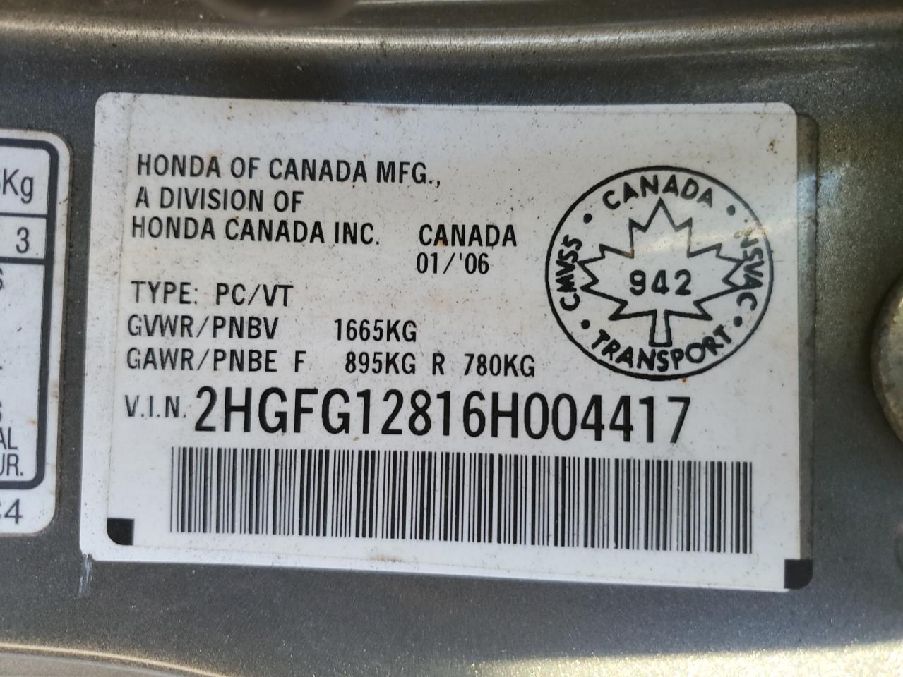 2006 Honda Civic Ex VIN: 2HGFG12816H004417 Lot: 81605545