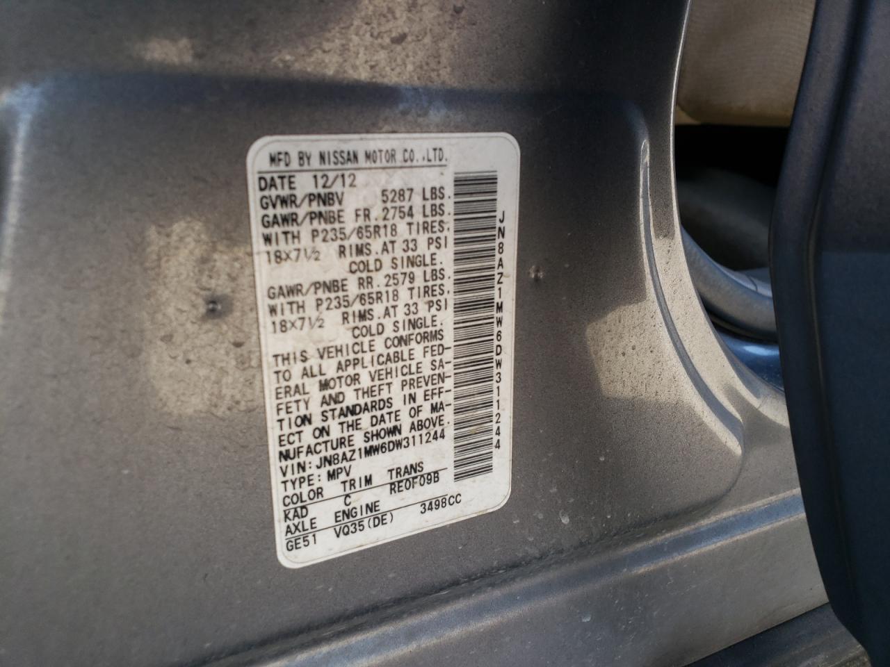 2013 Nissan Murano S VIN: JN8AZ1MW6DW311244 Lot: 82501305