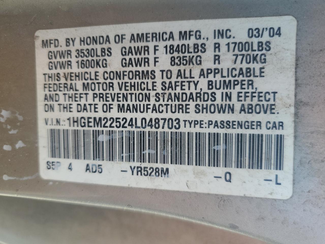 2004 Honda Civic Lx VIN: 1HGEM22524L048703 Lot: 82202585