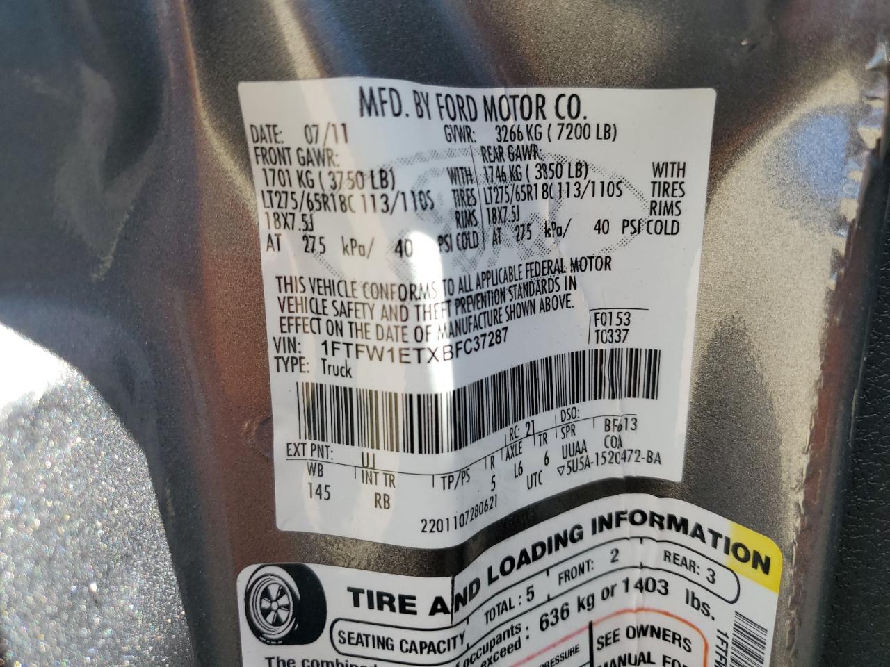 2011 Ford F150 Supercrew VIN: 1FTFW1ETXBFC37287 Lot: 85859195