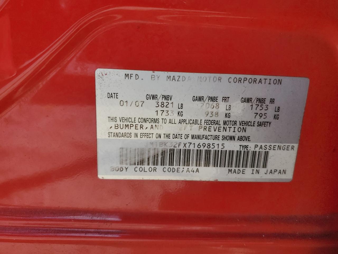 2007 Mazda 3 I VIN: JM1BK32FX71698515 Lot: 86765785