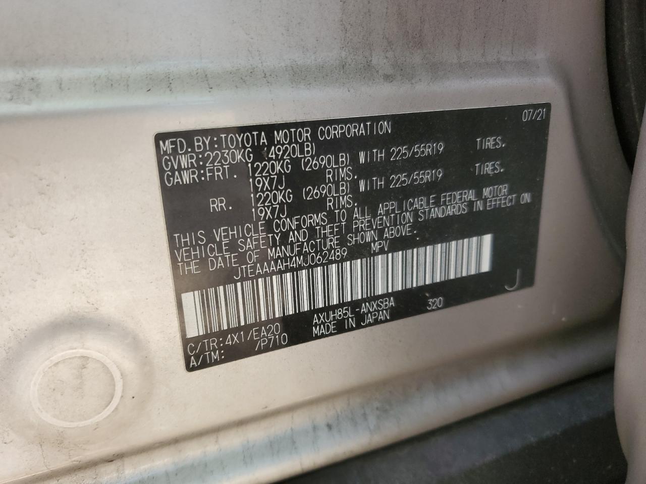 2021 Toyota Venza Le VIN: JTEAAAAH4MJ062489 Lot: 84954195