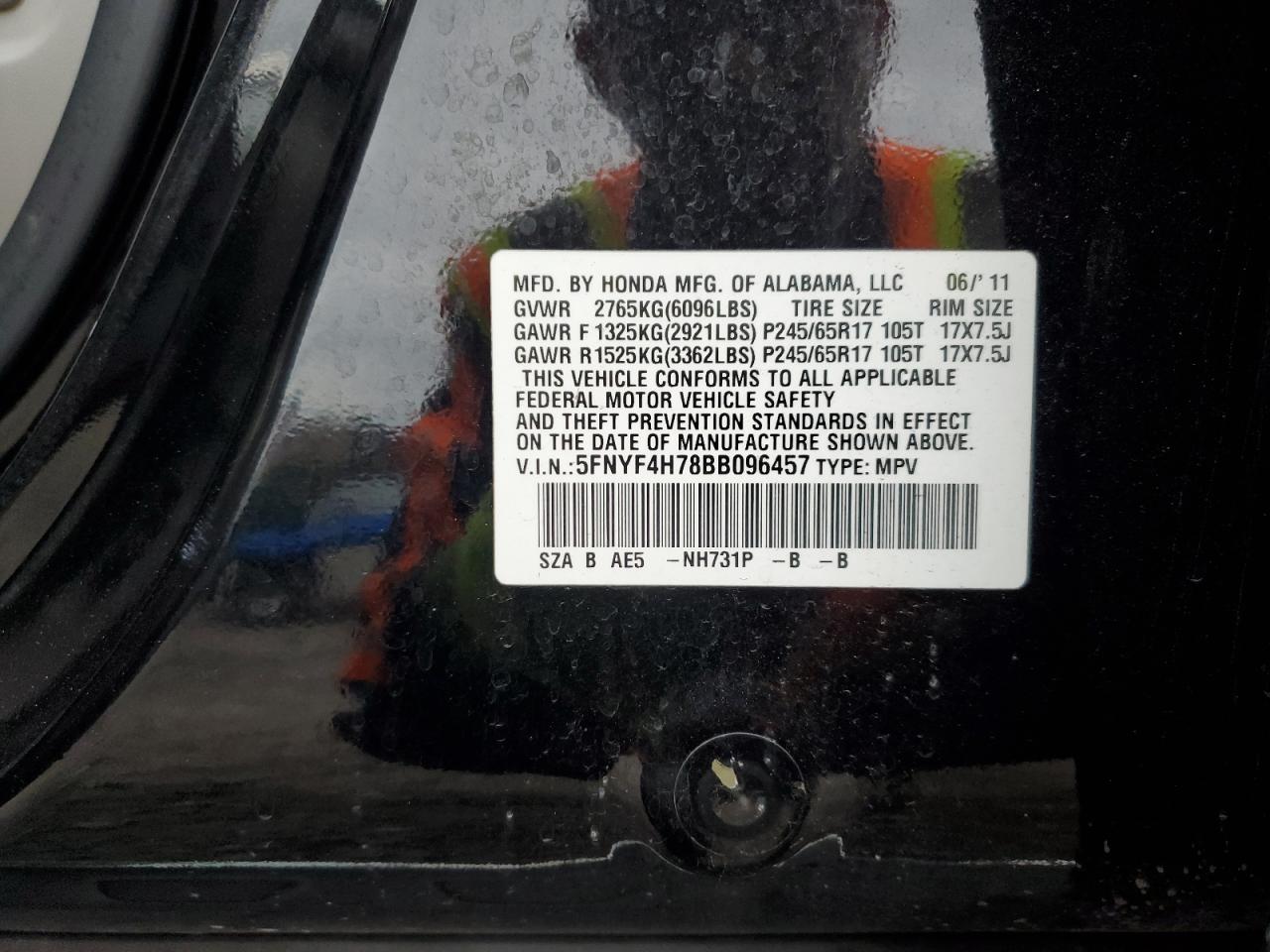 2011 Honda Pilot Exln VIN: 5FNYF4H78BB096457 Lot: 82725215