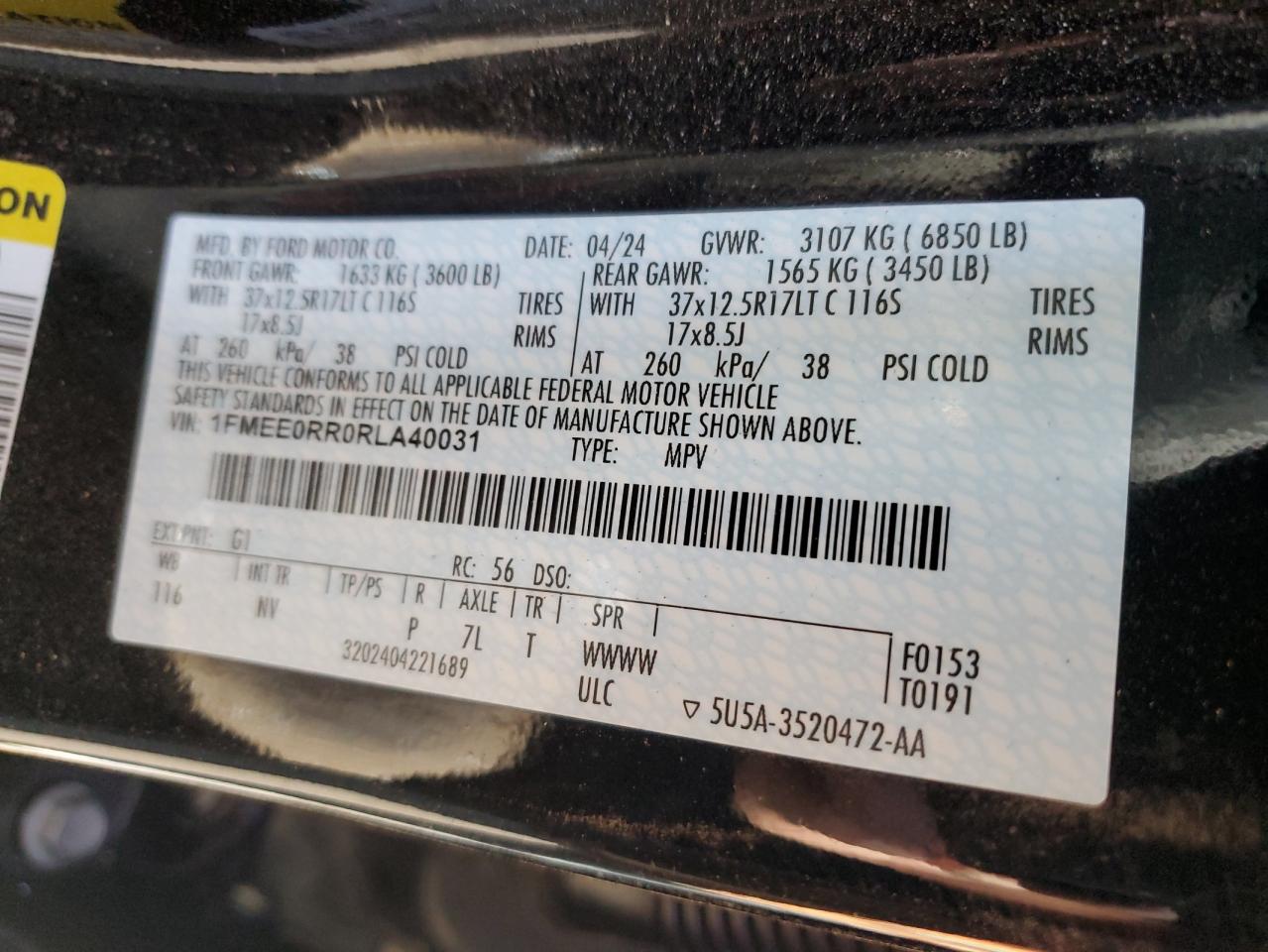 2024 Ford Bronco Raptor VIN: 1FMEE0RR0RLA40031 Lot: 89697075