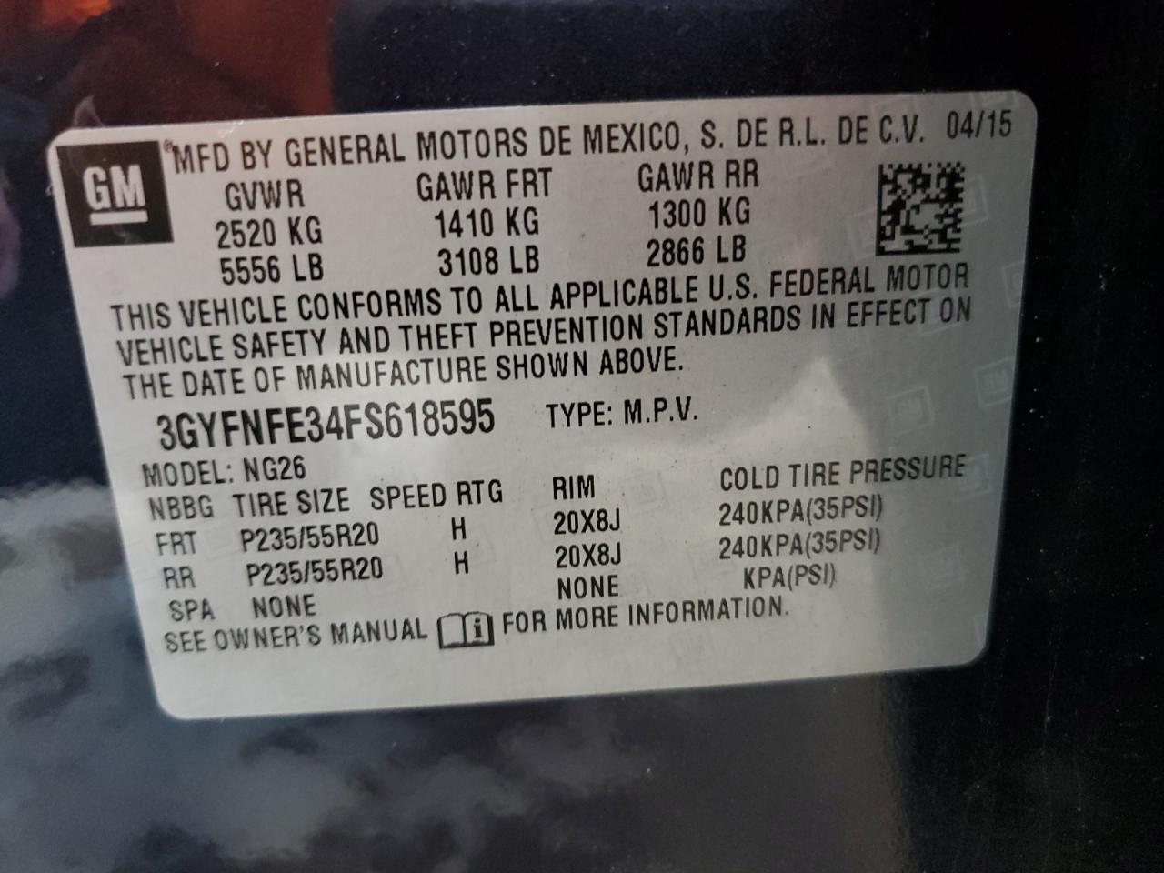 2015 Cadillac Srx Performance Collection VIN: 3GYFNFE34FS618595 Lot: 84739055