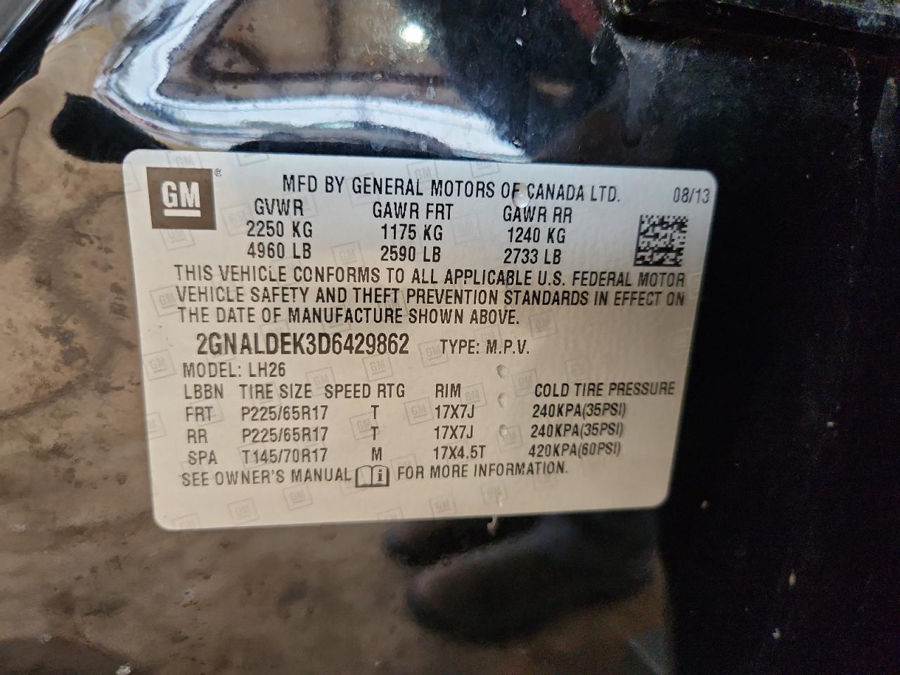 2013 Chevrolet Equinox Lt VIN: 2GNALDEK3D6429862 Lot: 85353655