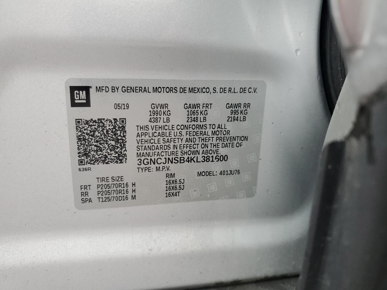 2019 Chevrolet Trax Ls VIN: 3GNCJNSB4KL381600 Lot: 90049545