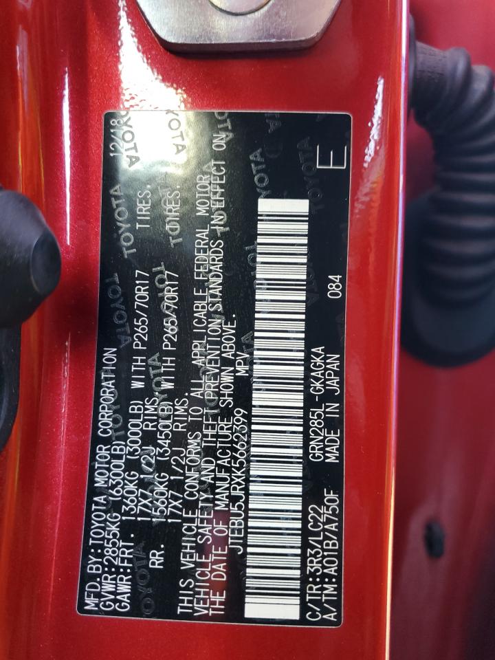 2019 Toyota 4Runner Sr5/Sr5 Premium VIN: JTEBU5JRXK5662399 Lot: 87460195