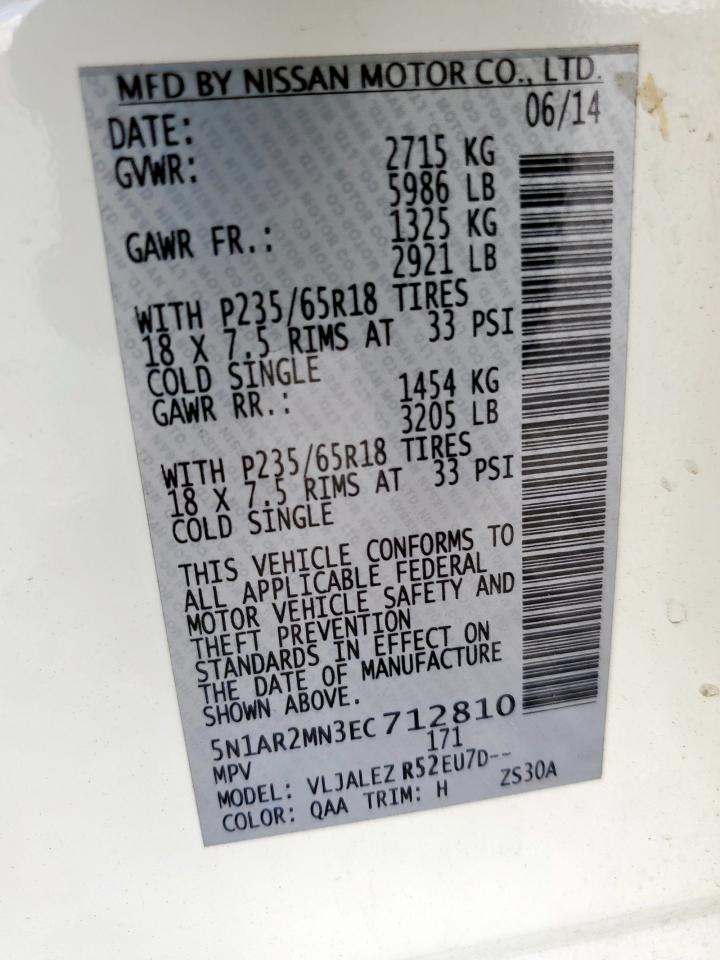 2014 Nissan Pathfinder S VIN: 5N1AR2MN3EC712810 Lot: 85587165