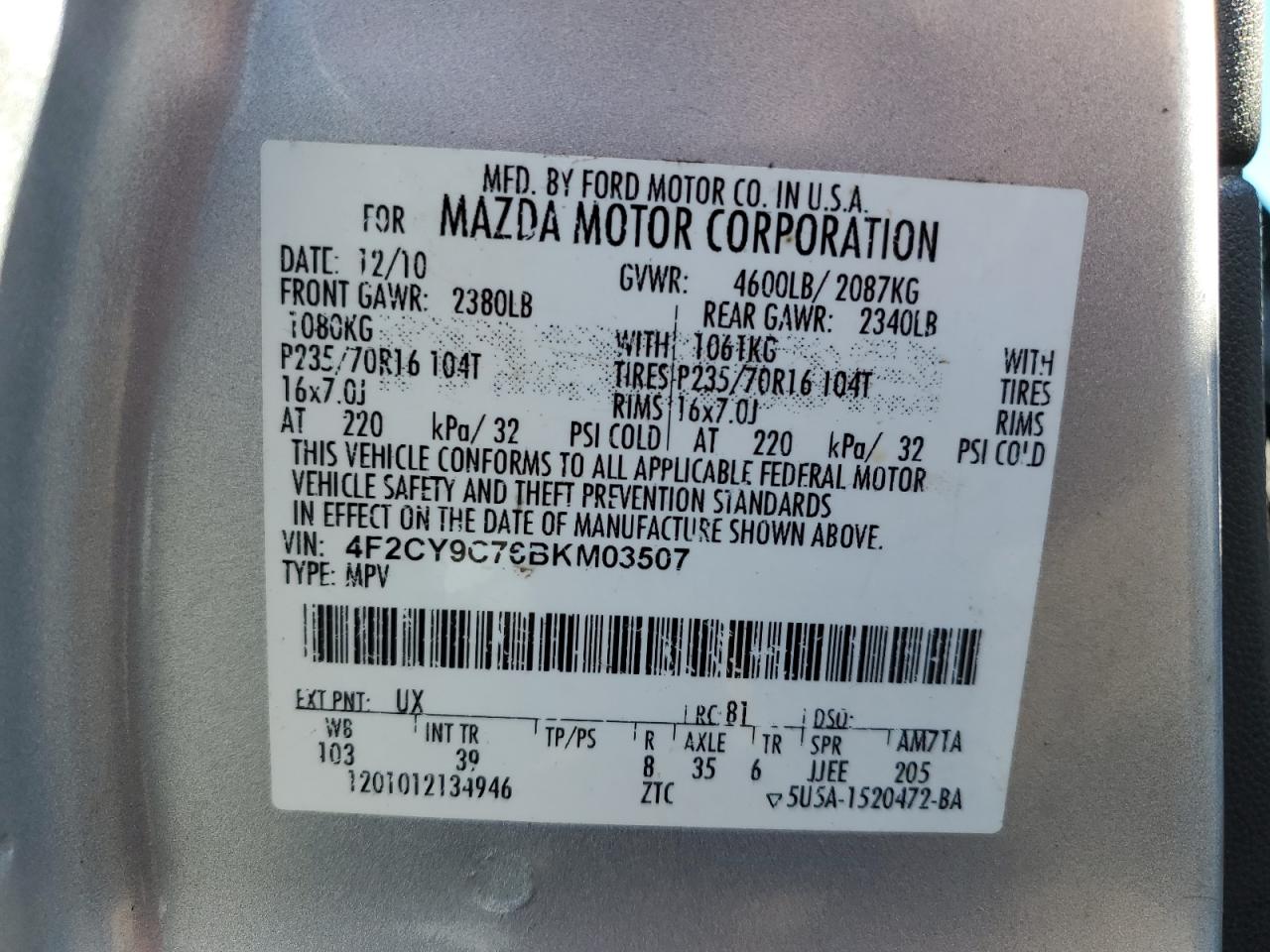 2011 Mazda Tribute I VIN: 4F2CY9C76BKM03507 Lot: 81886555