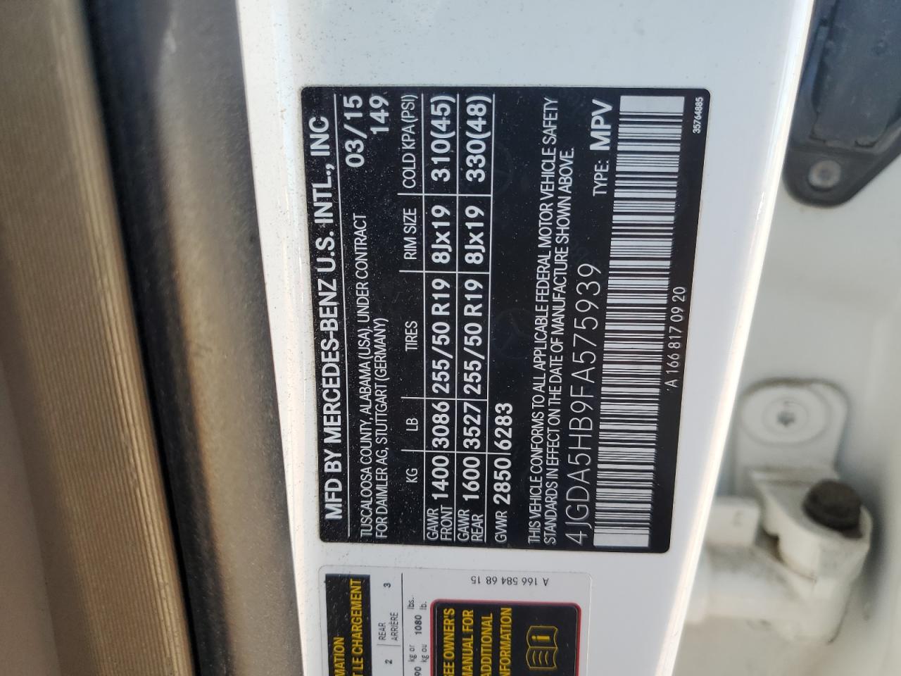 2015 Mercedes-Benz Ml 350 4Matic VIN: 4JGDA5HB9FA575939 Lot: 89679875