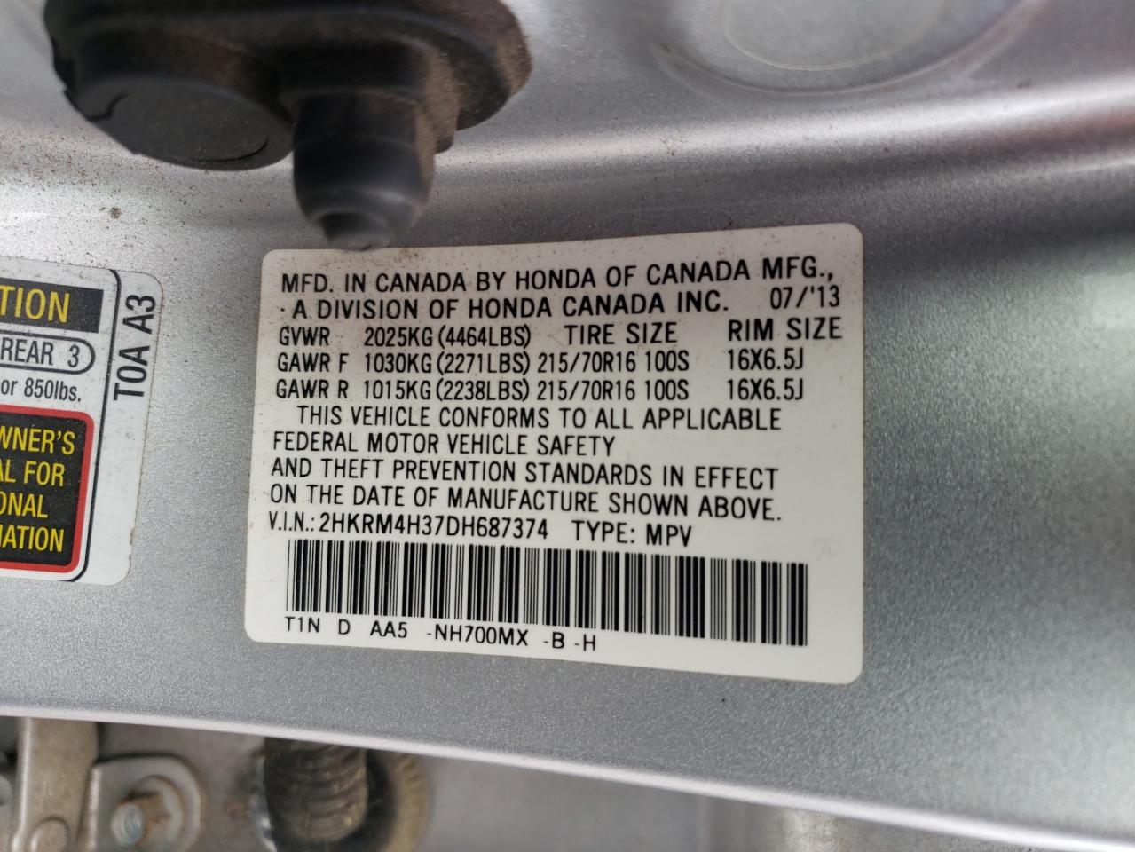 2013 Honda Cr-V Lx VIN: 2HKRM4H37DH687374 Lot: 85522185