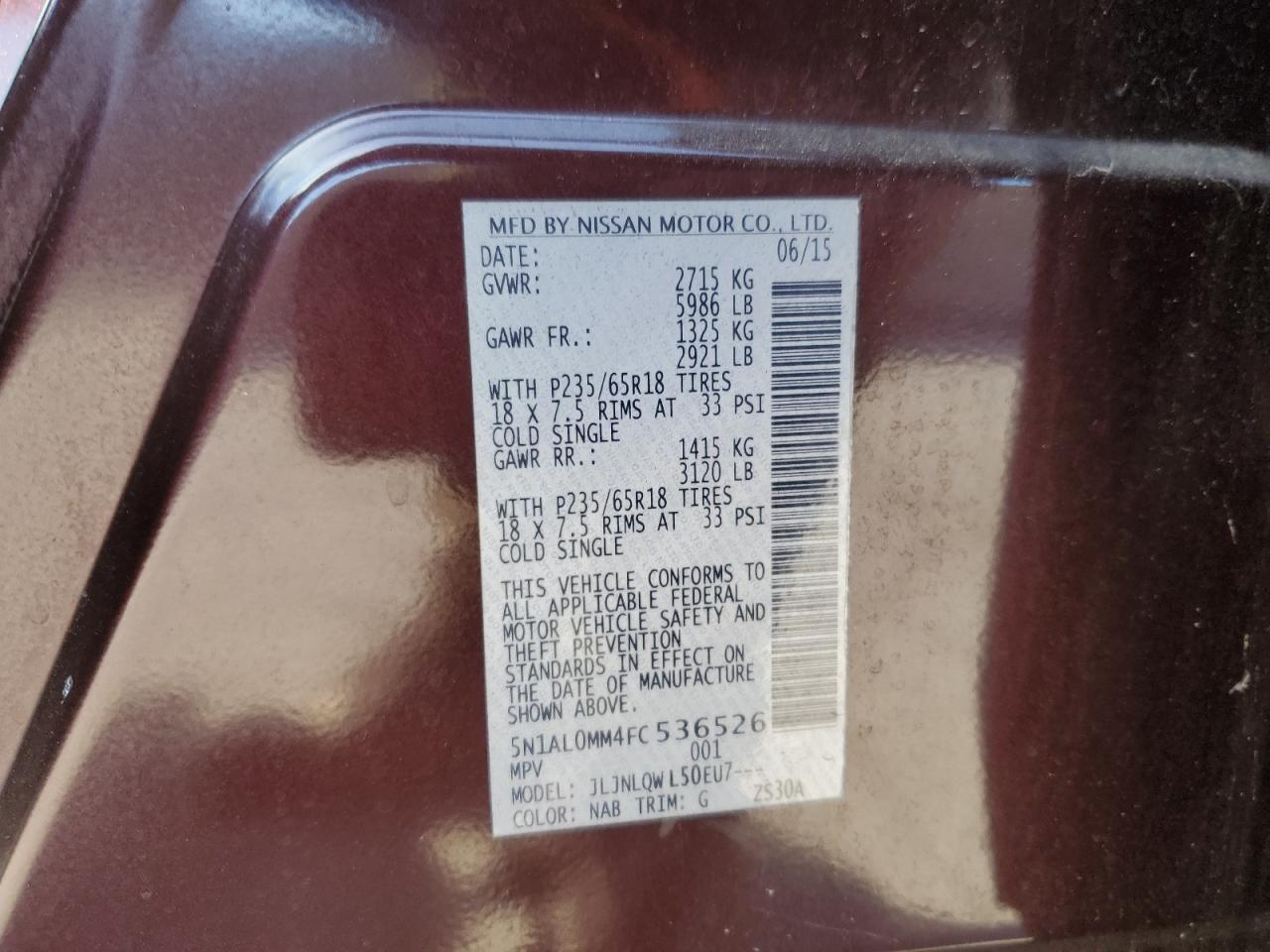 2015 Infiniti Qx60 VIN: 5N1AL0MM4FC536526 Lot: 84622665