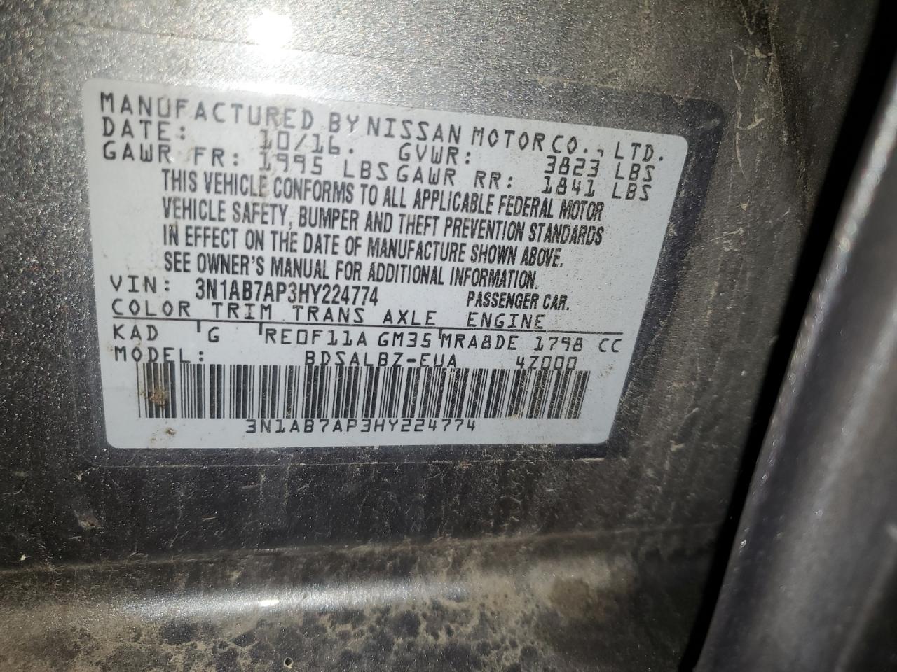 2017 Nissan Sentra S VIN: 3N1AB7AP3HY224774 Lot: 86147515