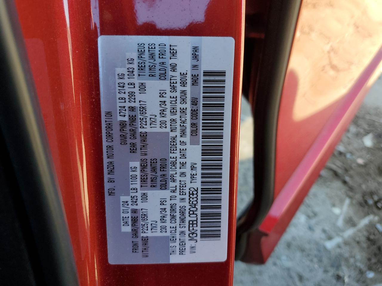 2024 Mazda Cx-5 Select VIN: JM3KFBBL0R0463352 Lot: 89731075