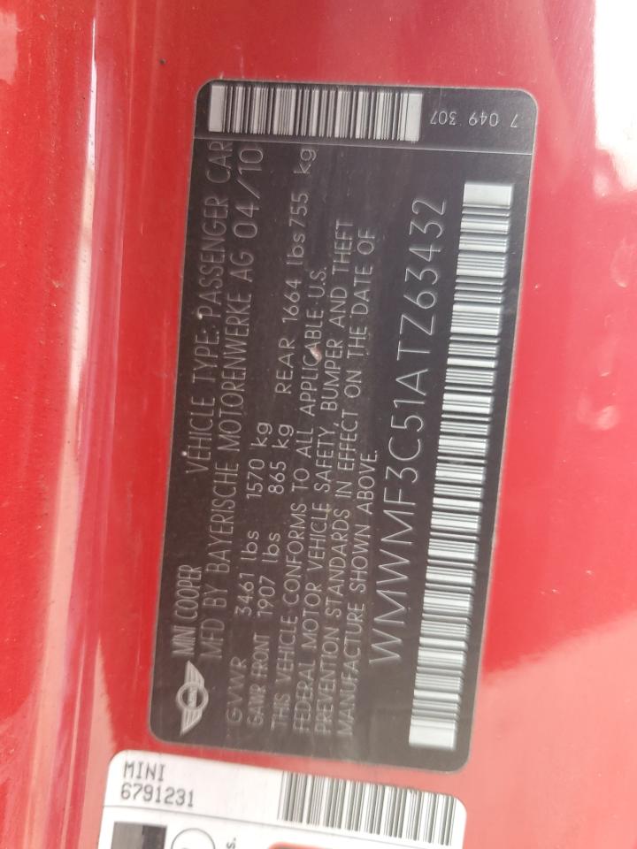 2010 Mini Cooper VIN: WMWMF3C51ATZ63432 Lot: 90512985