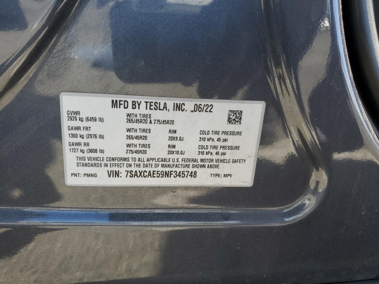 2022 Tesla Model X VIN: 7SAXCAE59NF345748 Lot: 84267705