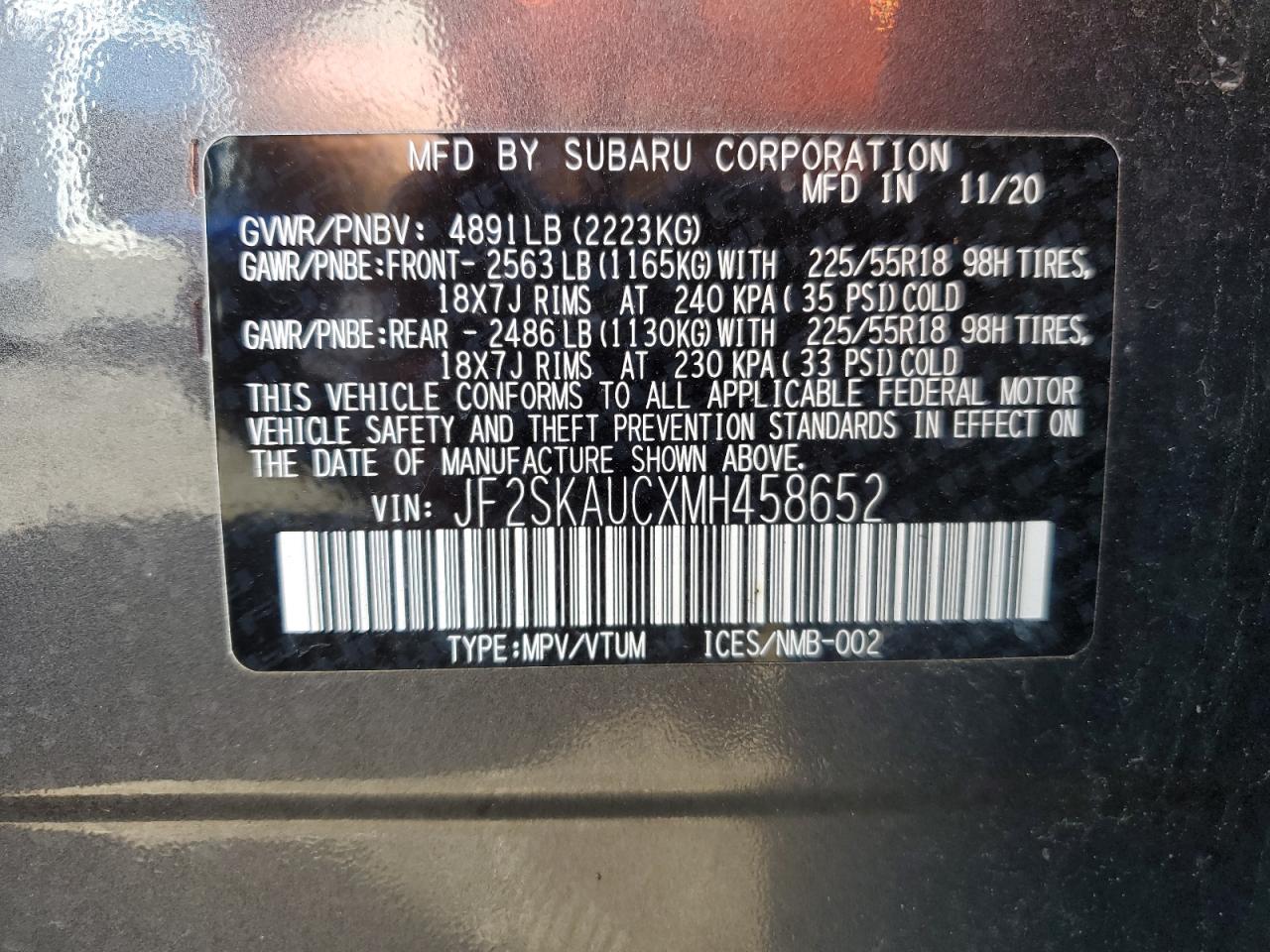 2021 Subaru Forester Limited VIN: JF2SKAUCXMH458652 Lot: 84865385