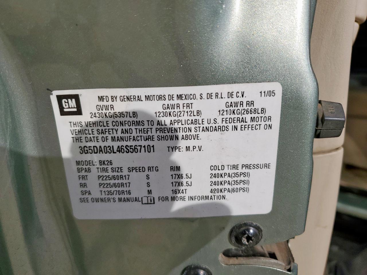 2006 Buick Rendezvous Cx VIN: 3G5DA03L46S567101 Lot: 82272305