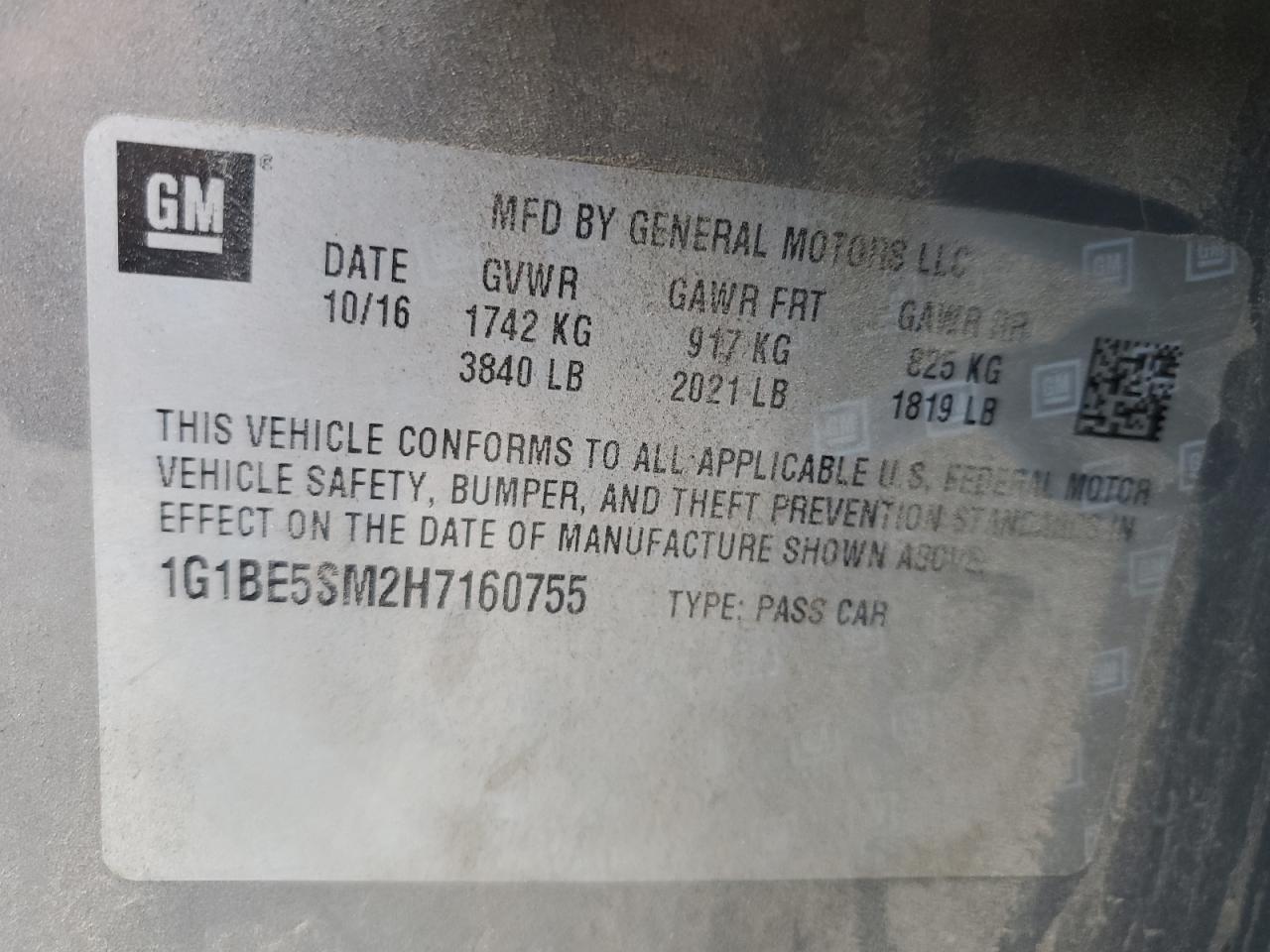 2017 Chevrolet Cruze Lt VIN: 1G1BE5SM2H7160755 Lot: 82277125