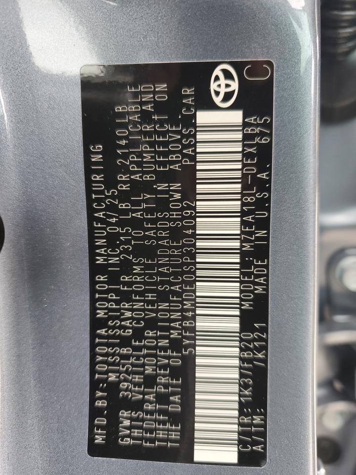 2025 Toyota Corolla Le VIN: 5YFB4MDE0SP304092 Lot: 86176845