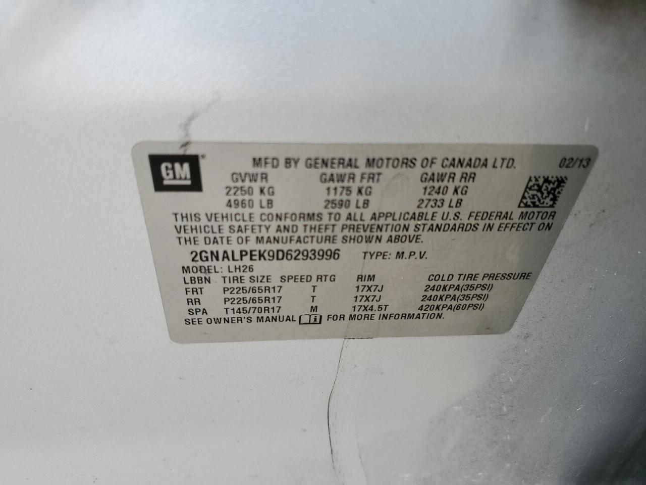 2013 Chevrolet Equinox Lt VIN: 2GNALPEK9D6293996 Lot: 85364065