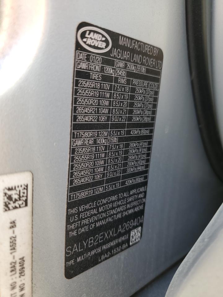 2020 Land Rover Range Rover Velar S VIN: SALYB2EXXLA269404 Lot: 86665355