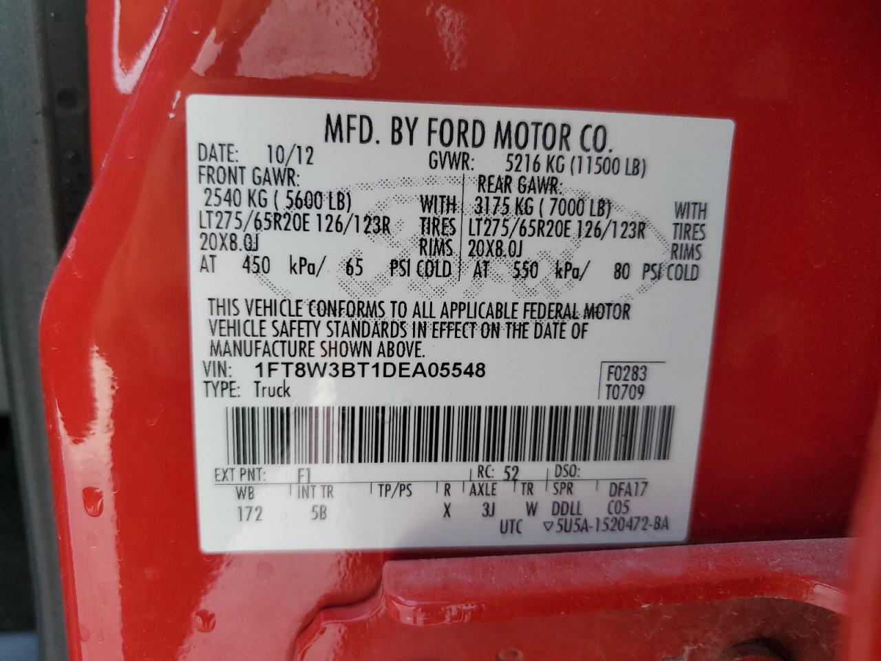 2013 Ford F350 Super Duty VIN: 1FT8W3BT1DEA05548 Lot: 89681415