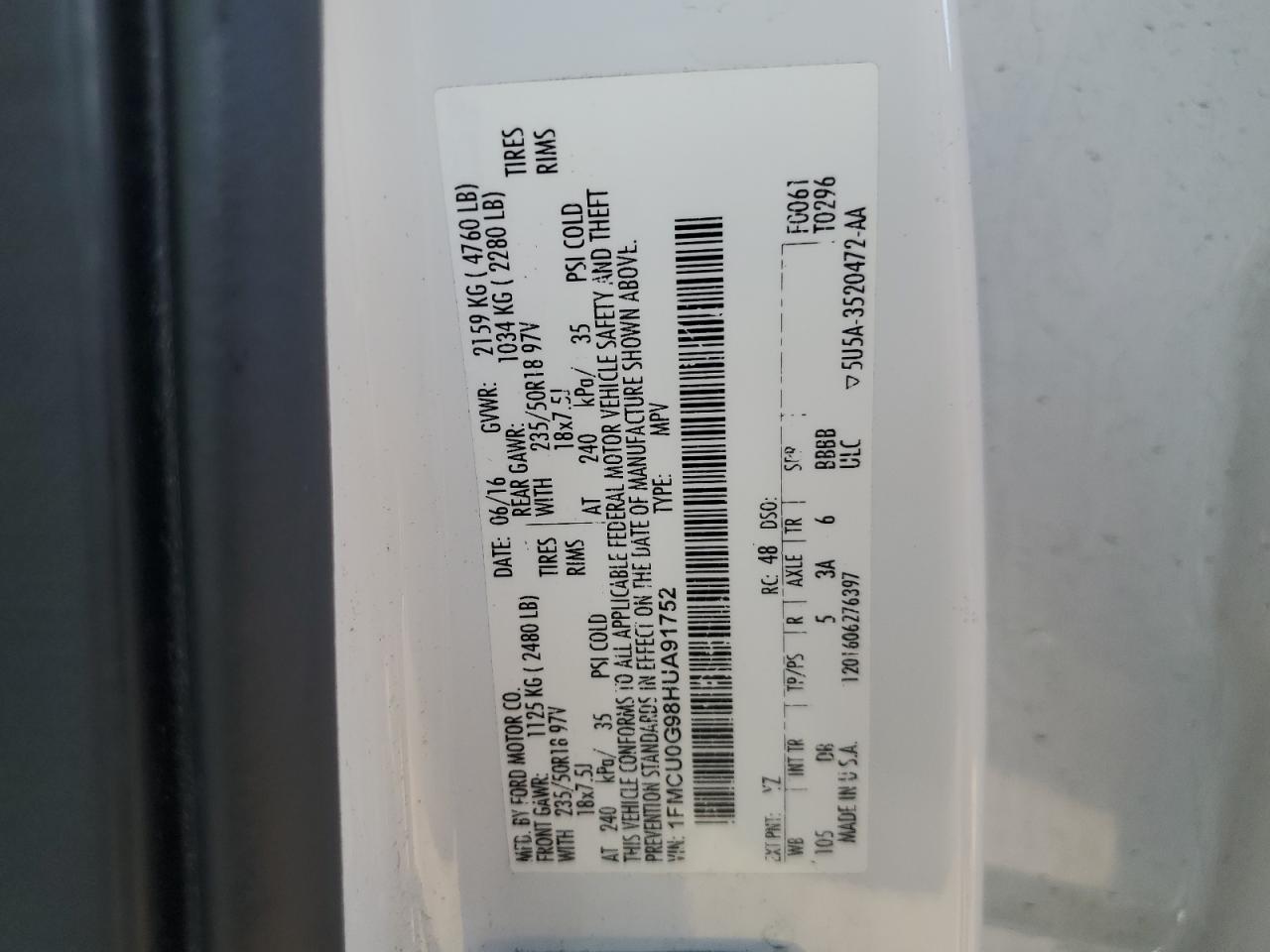 2017 Ford Escape Se VIN: 1FMCU0G98HUA91752 Lot: 81990995