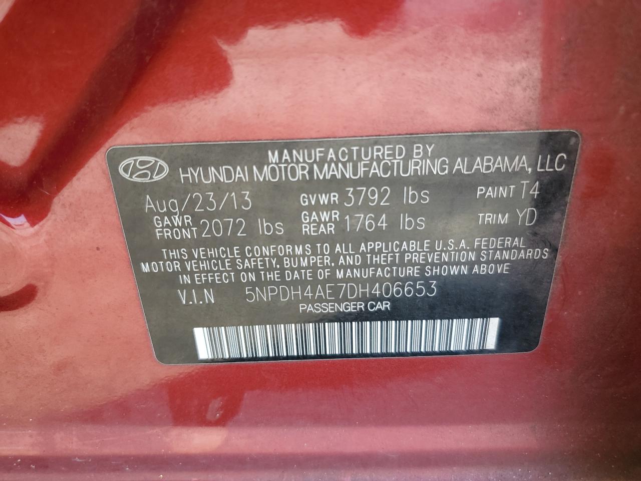 2013 Hyundai Elantra Gls VIN: 5NPDH4AE7DH406653 Lot: 90707935